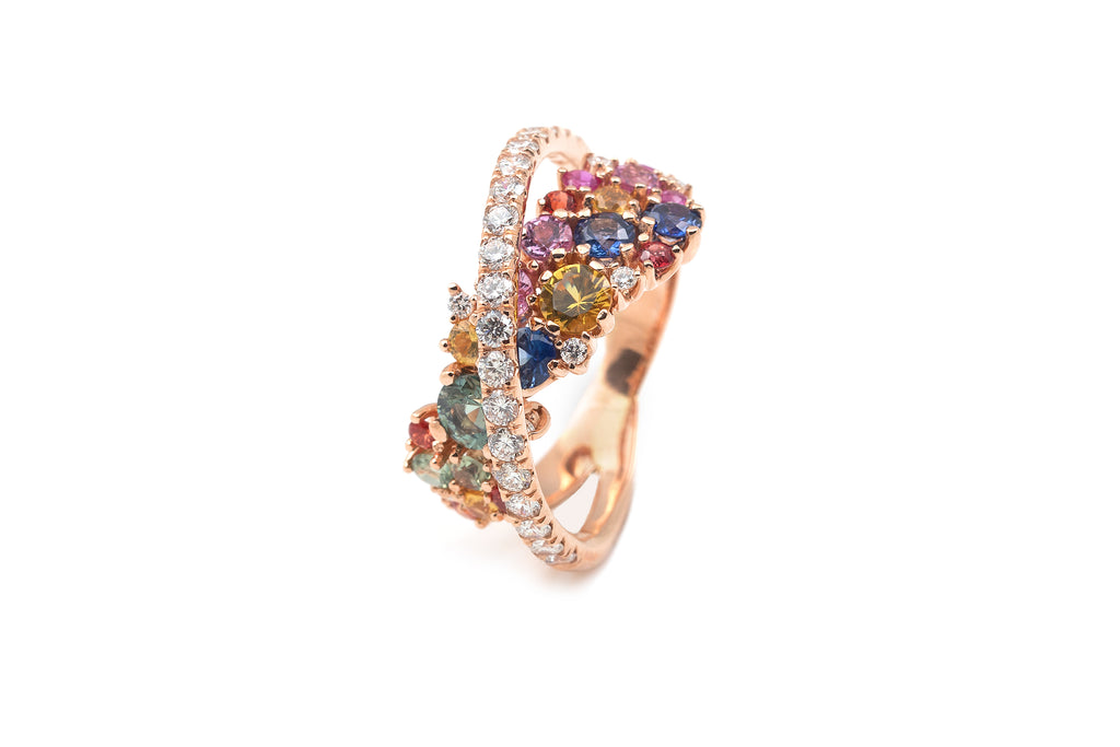 Anel em Ouro Rosa, 18kl com diamantes e safiras multicor