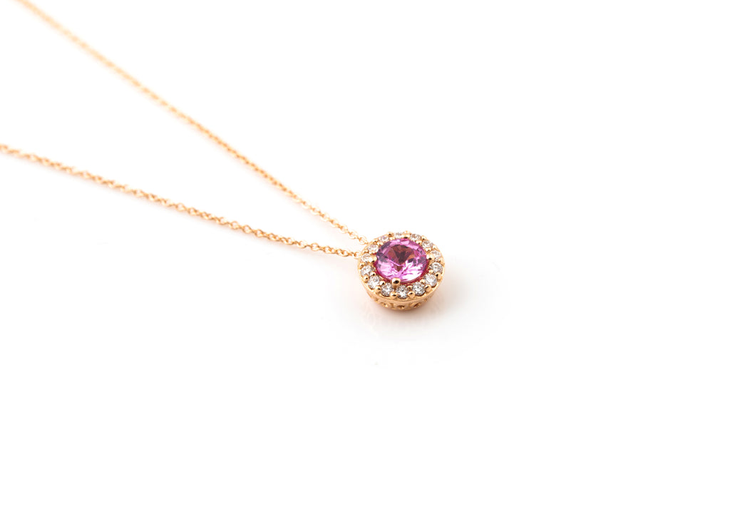 Colar em Ouro Rosa, 18kl com diamantes e safira rosa